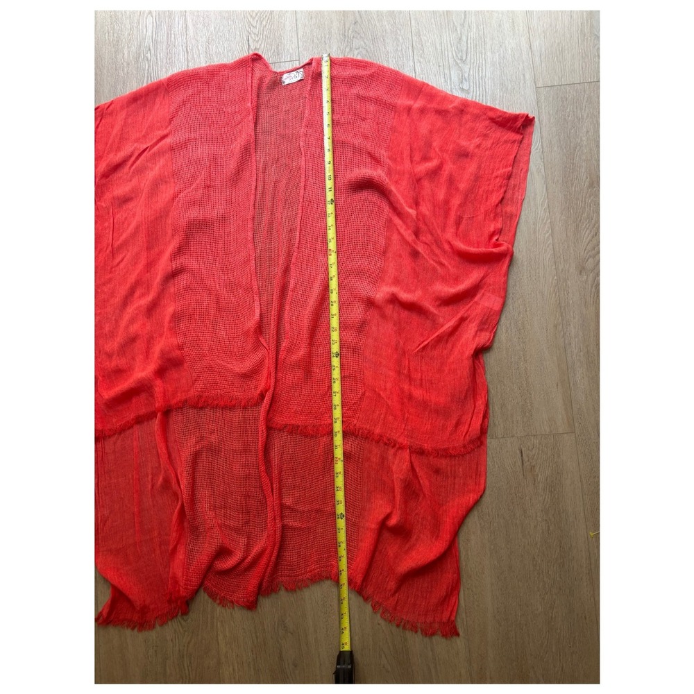 Free People x All Tous Coral Orange Mesh Knit Frayed Kimono Wrap One Size - Picture 7 of 9